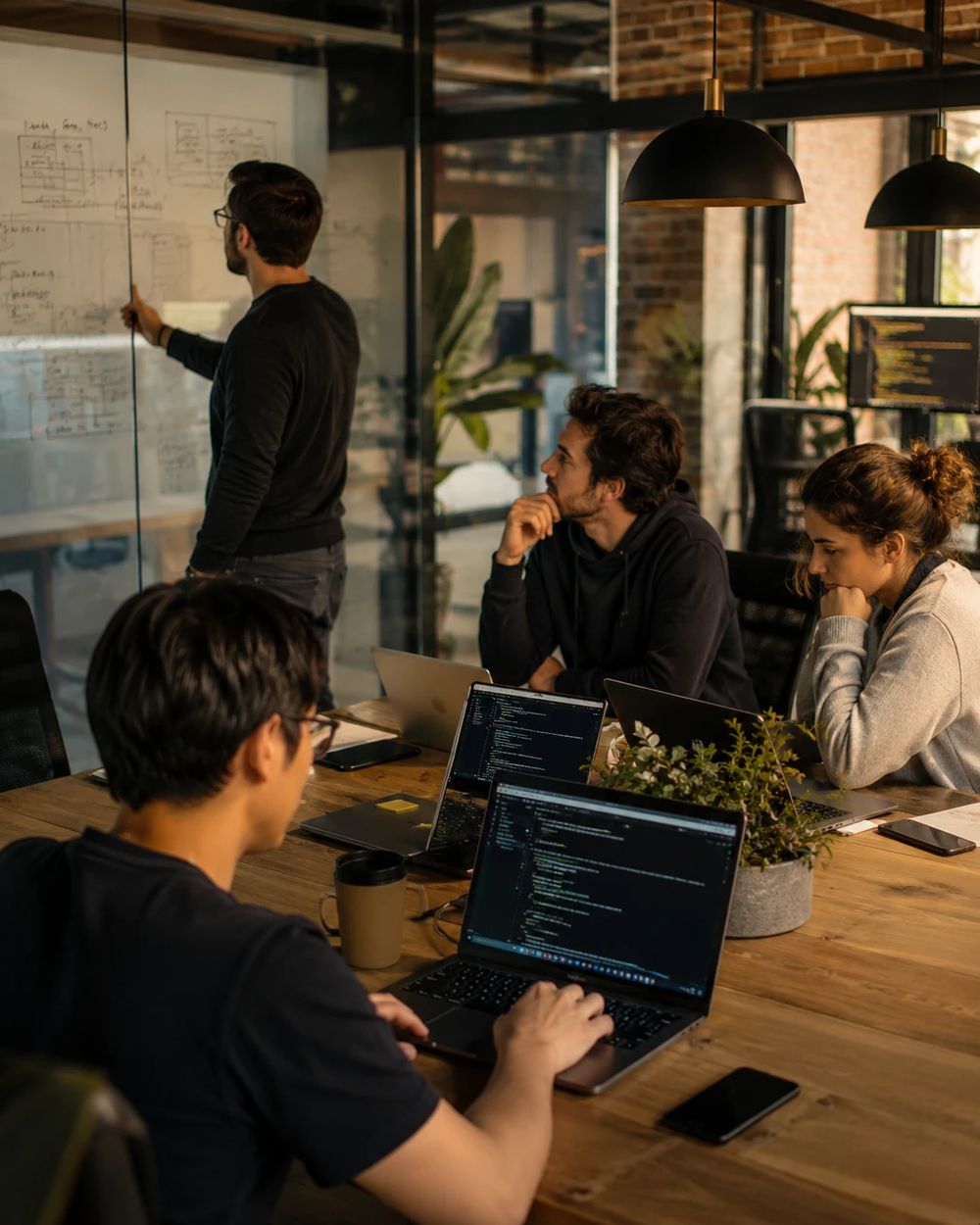 IT team working together on laptops while a colleague maps the setup on a whiteboard