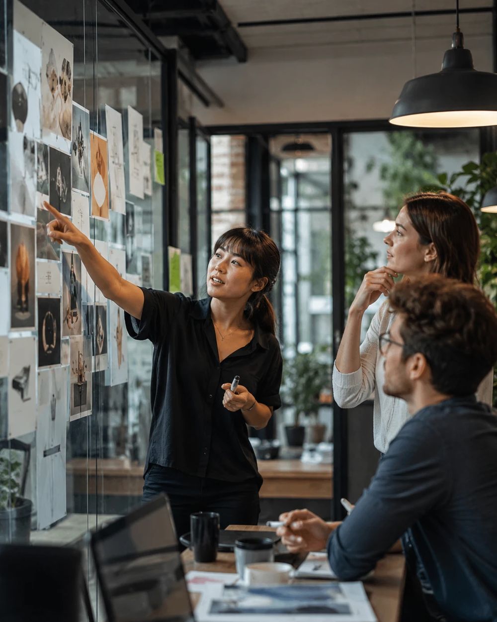 Marketing team reviewing campaign creative pinned to a glass wall
