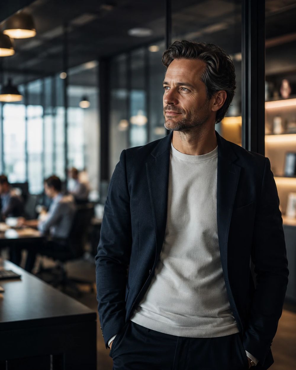 Confident business owner in a blazer standing in a modern office