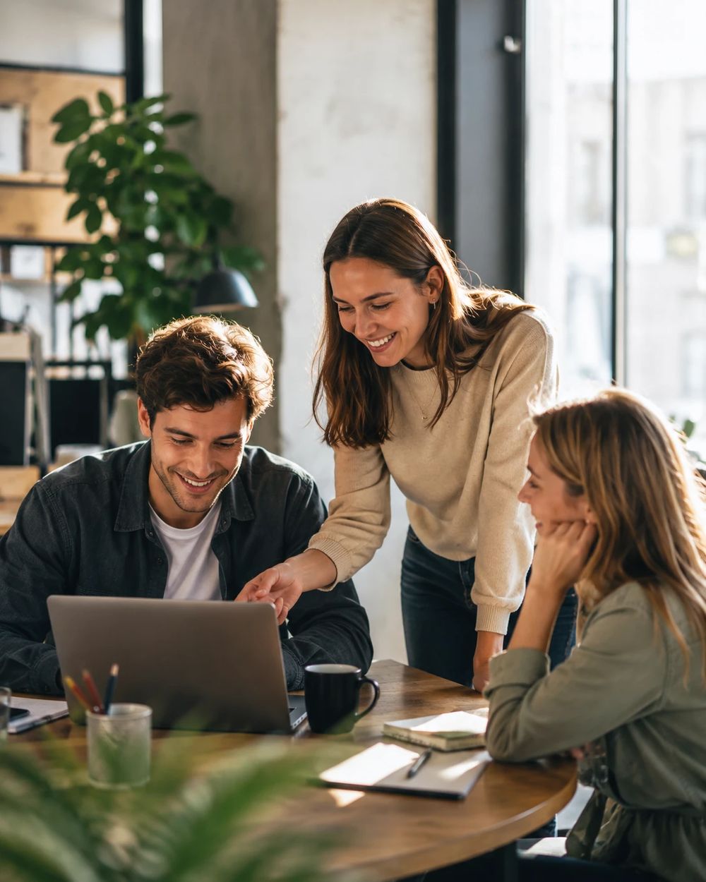 Three happy colleagues smiling around a laptop in a bright office